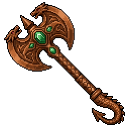 A pixel-art bronze battle axe with emerald gems remapped to a custom game palette