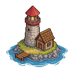 AI-generated pixel art lighthouse on a small rocky island