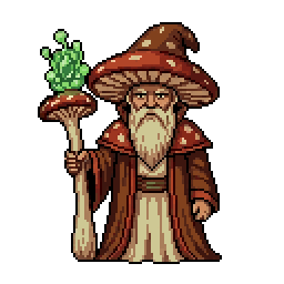 AI-generated pixel art mushroom wizard character sprite