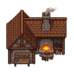 Pixel art blacksmith building reskinned into palette variants